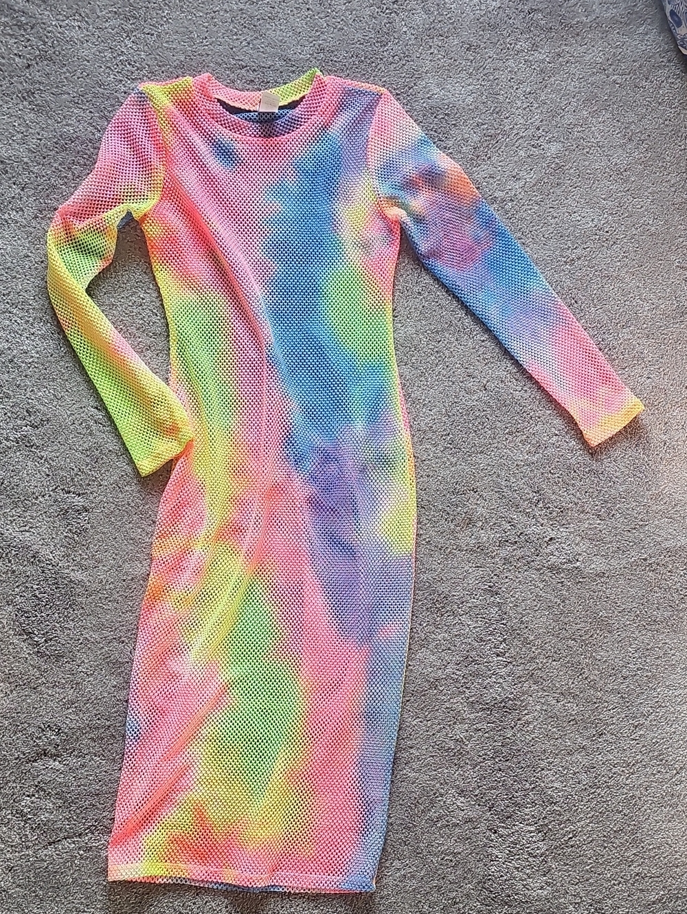 Neon Tie-Dye Mesh Bodycon Dress - Long Sleeve